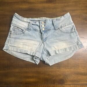 Y2K Low Rise Light Wash Denim Shorts 9 Rolled Cuff Festival Stretch Distressed
